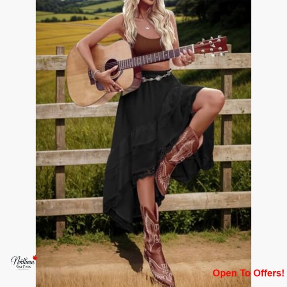 Polyester Maxi Skirt Asymmetrical High Low Lace Ruffle Tiered - Picture 4 of 7